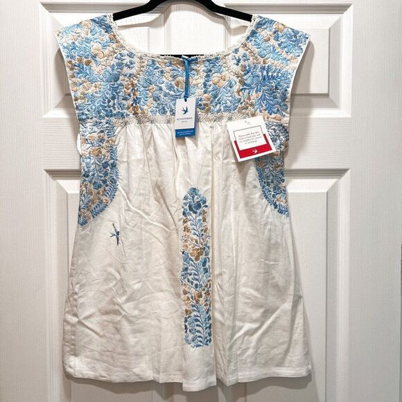 NWT! Mi Golondrina Mexico Blue White Gold Embroidered Flores Blouse Size Small - Picture 1 of 5